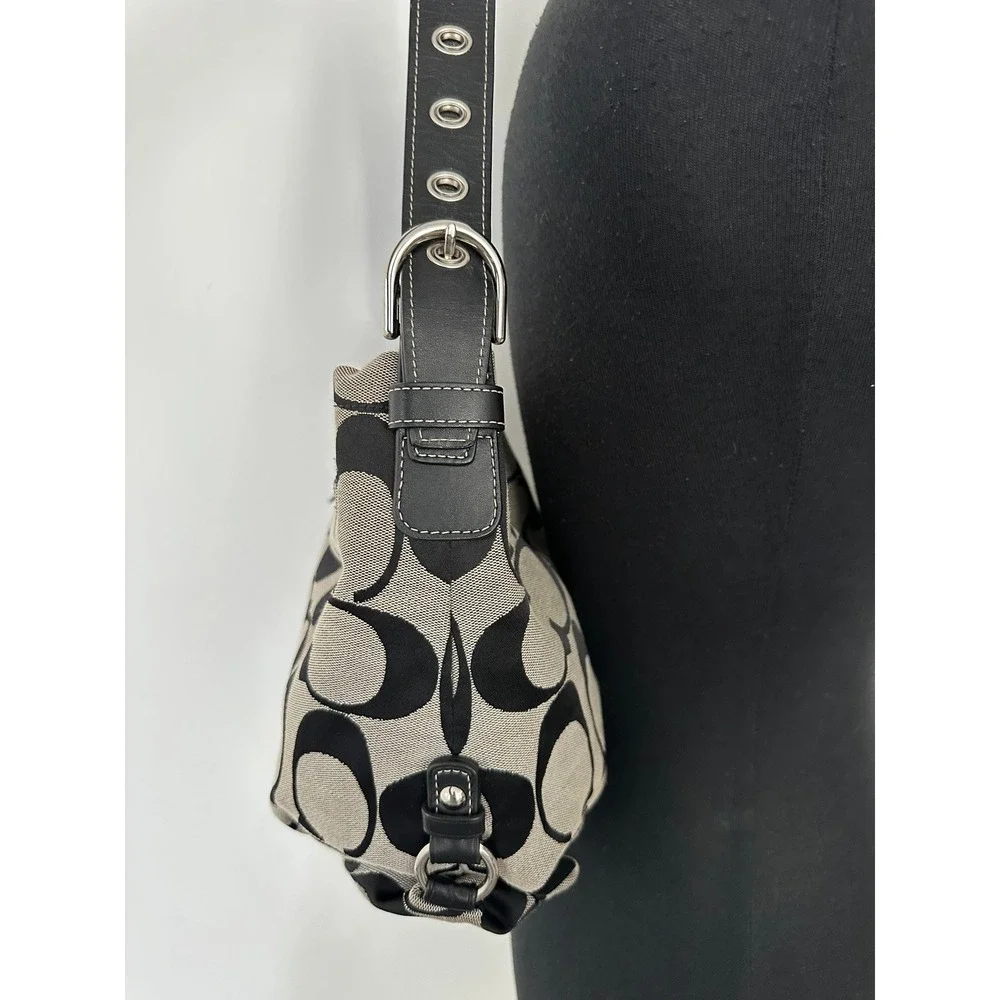 Coach F15067 Black Gray Signature Canvas Convertible Shoulder Hobo Duffle Bag
